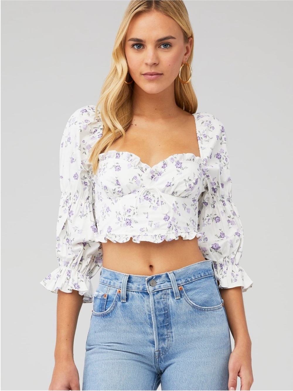For Love & Lemons Purple & White Crop Top with Floral Print - Long Sleeve